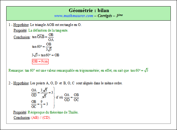 Corrigé exercice 4 bilans en géométrie