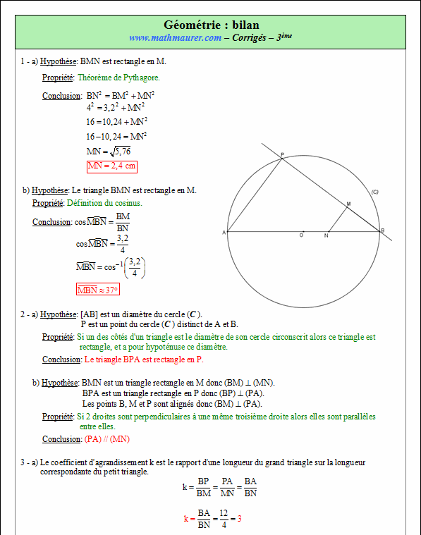 Corrigé exercice 5 bilans en géométrie