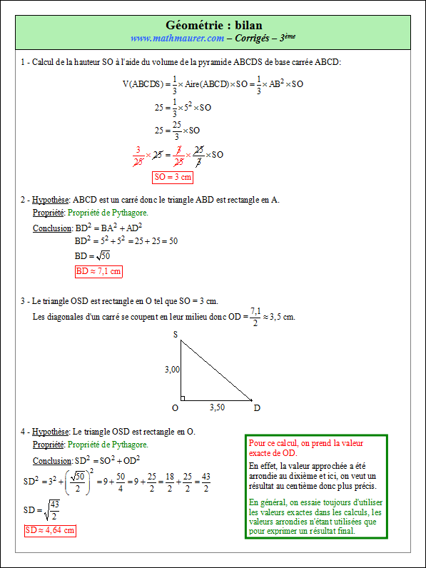 Corrigé exercice 7 bilans en géométrie