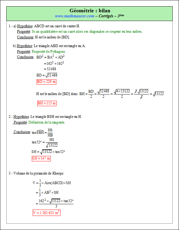 Corrigé exercice 8 bilans en géométrie