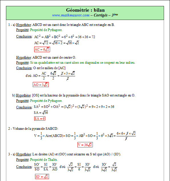Corrigé exercice 10 bilans en géométrie