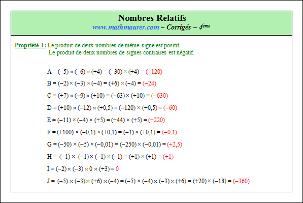 Corrigé exercice 2 sur nombres relatifs