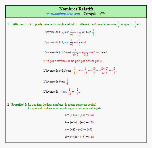 Corrigé exercice 3 sur nombres relatifs