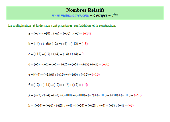 Corrigé exercice 4 sur nombres relatifs