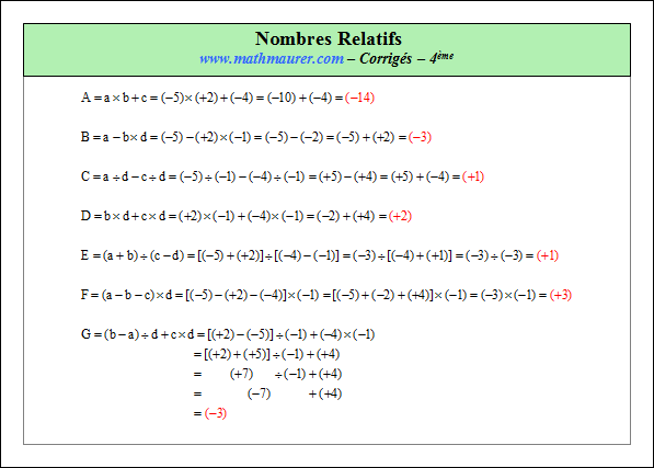 Corrigé exercice 5 sur nombres relatifs