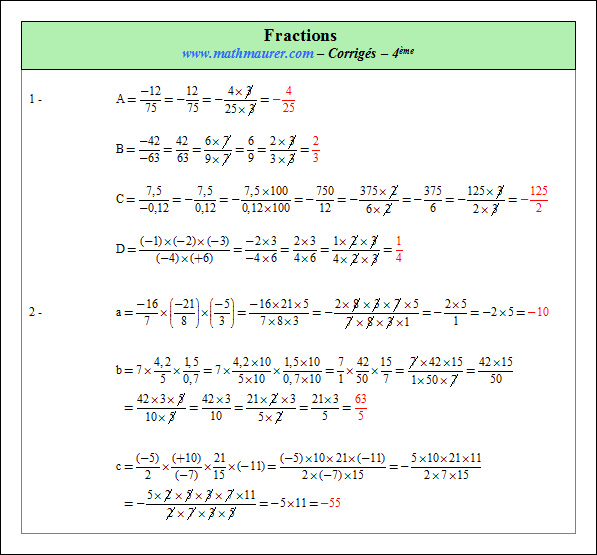 Corrigé exercice 2 sur fractions