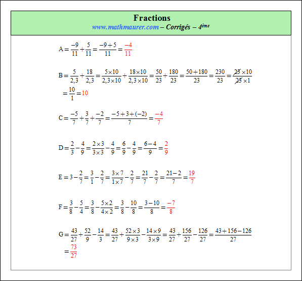 Corrigé exercice 3 sur fractions