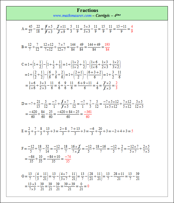 Corrigé exercice 4 sur fractions