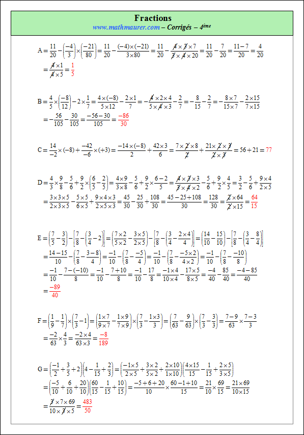 Corrigé exercice 6 sur fractions