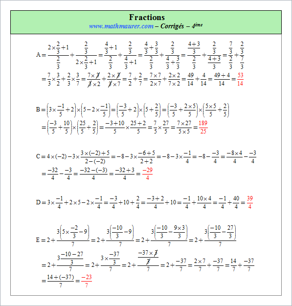 Corrigé exercice 7 sur fractions