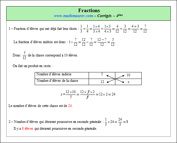 Corrigé exercice 10 sur fractions
