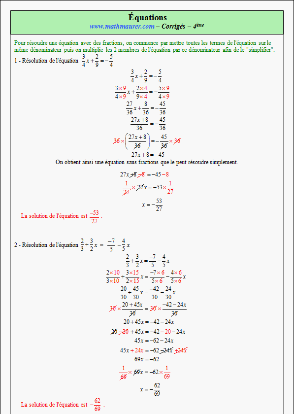 Corrigé exercice 4 sur les équations et la factorisation