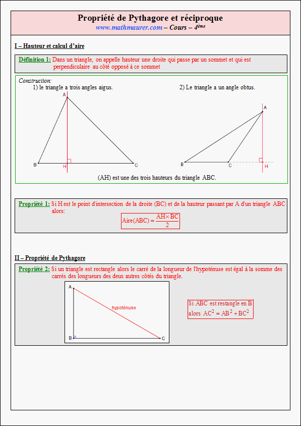 Cours sur la propriété de Pythagore et sa réciproque - quatrième- page 1
