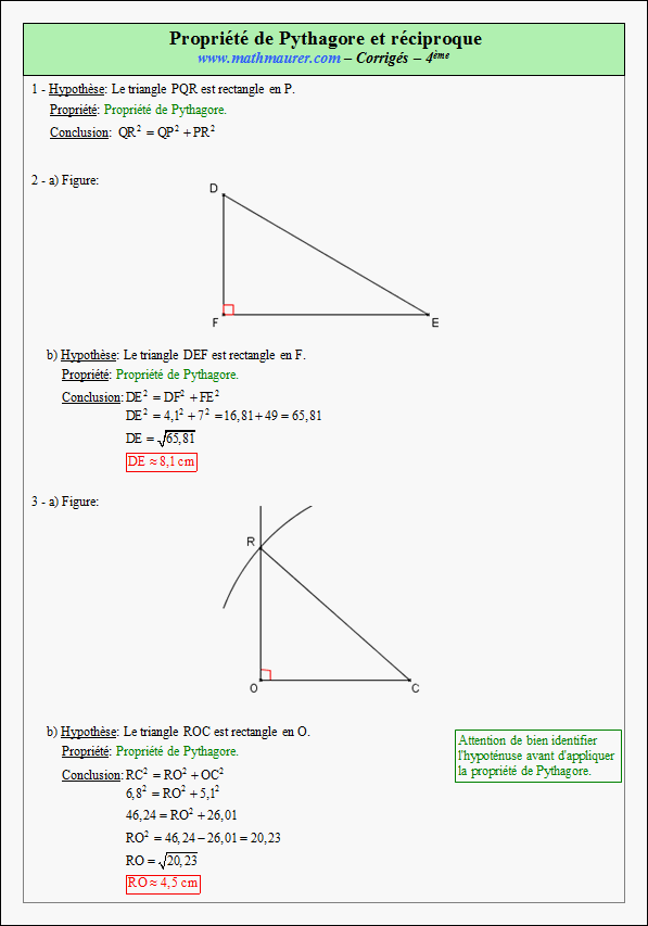Corrigé exercice 1 sur la propriété de Pythagore et sa réciproque
