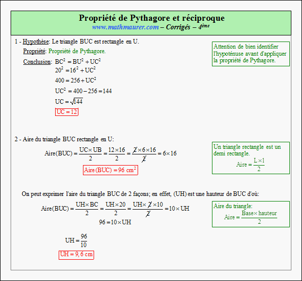 Corrigé exercice 2 sur la propriété de Pythagore et sa réciproque
