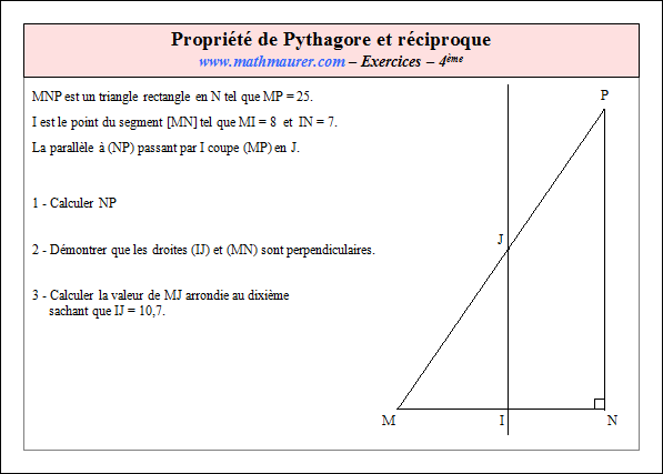 Exercice sur la propriété de Pythagore et sa réciproque
