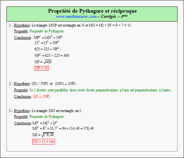 Corrigé exercice 3 sur la propriété de Pythagore et sa réciproque