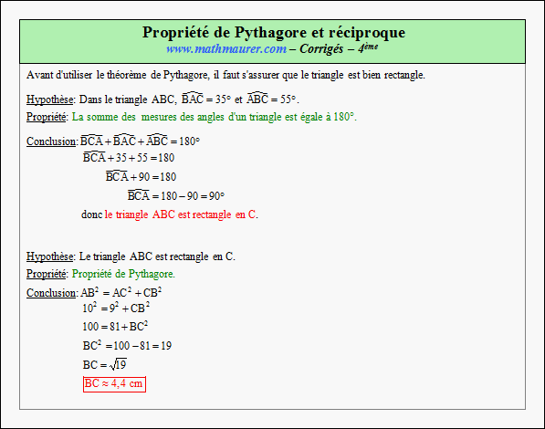 Corrigé exercice 4 sur la propriété de Pythagore et sa réciproque