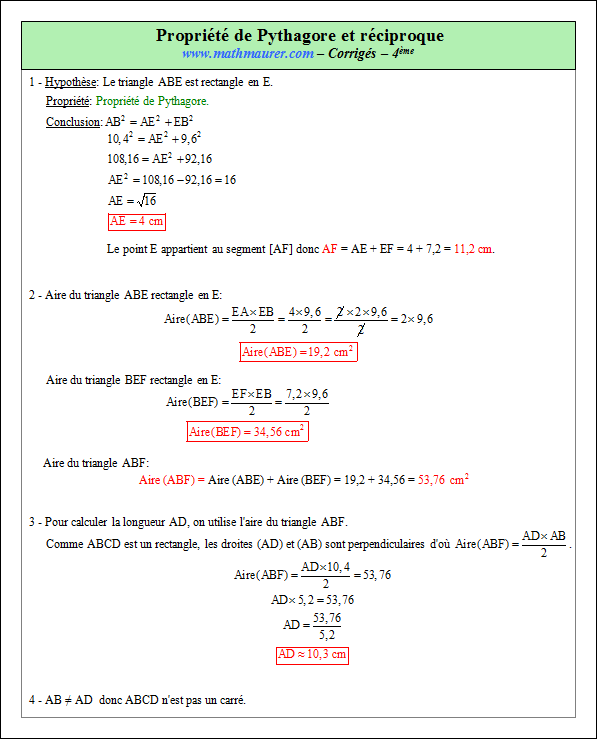 Corrigé exercice 5 sur la propriété de Pythagore et sa réciproque