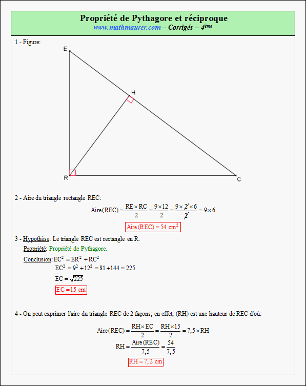 Corrigé exercice 6 sur la propriété de Pythagore et sa réciproque
