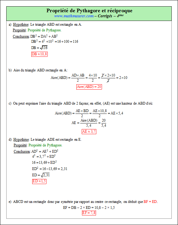 Corrigé exercice 7 sur la propriété de Pythagore et sa réciproque