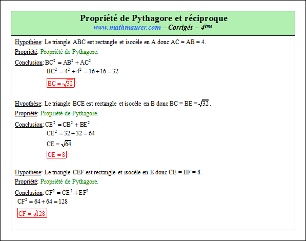 Corrigé exercice 8 sur la propriété de Pythagore et sa réciproque