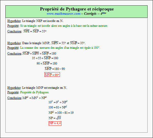 Corrigé exercice 9 sur la propriété de Pythagore et sa réciproque