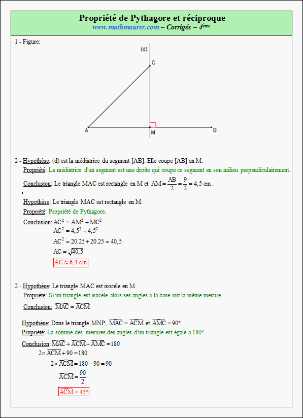 Corrigé exercice 10 sur la propriété de Pythagore et sa réciproque