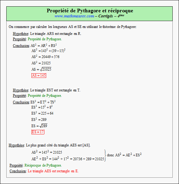 Corrigé exercice 17 sur la propriété de Pythagore et sa réciproque