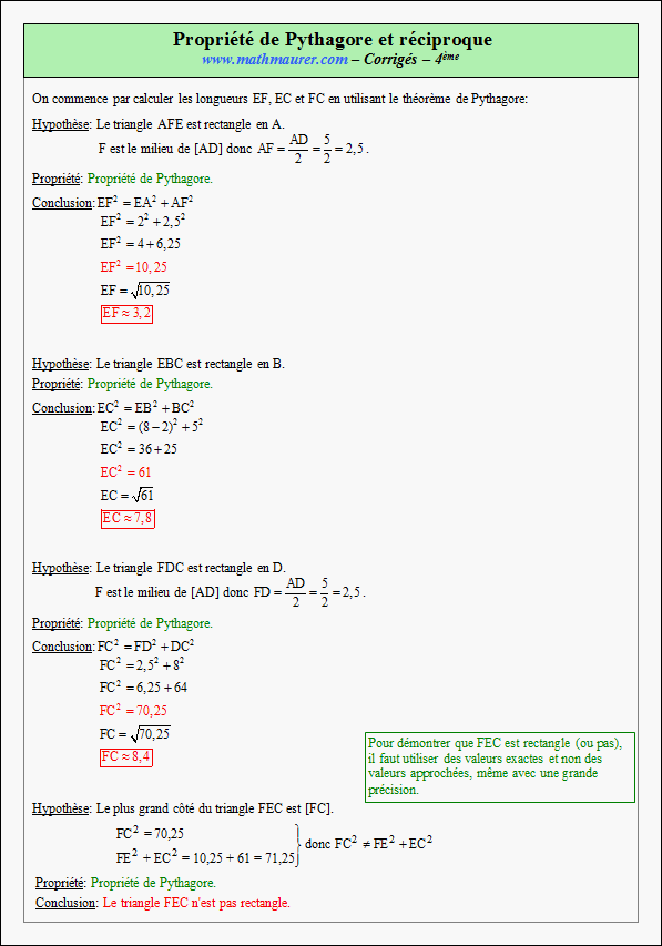 Corrigé exercice 18 sur la propriété de Pythagore et sa réciproque