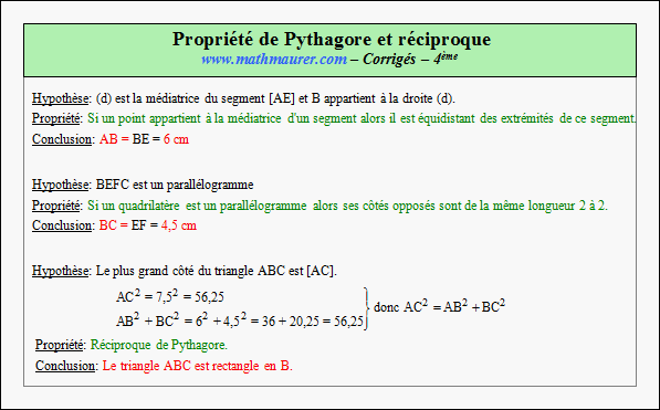 Corrigé exercice 19 sur la propriété de Pythagore et sa réciproque
