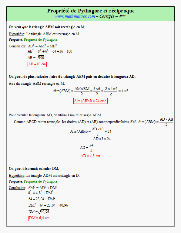 Corrigé exercice 20 sur la propriété de Pythagore et sa réciproque