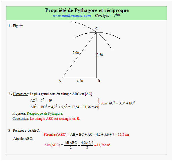 Corrigé exercice 21 sur la propriété de Pythagore et sa réciproque