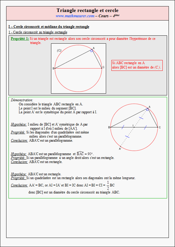Cours sur le triangle rectangle et le cercle - quatrième- page 1