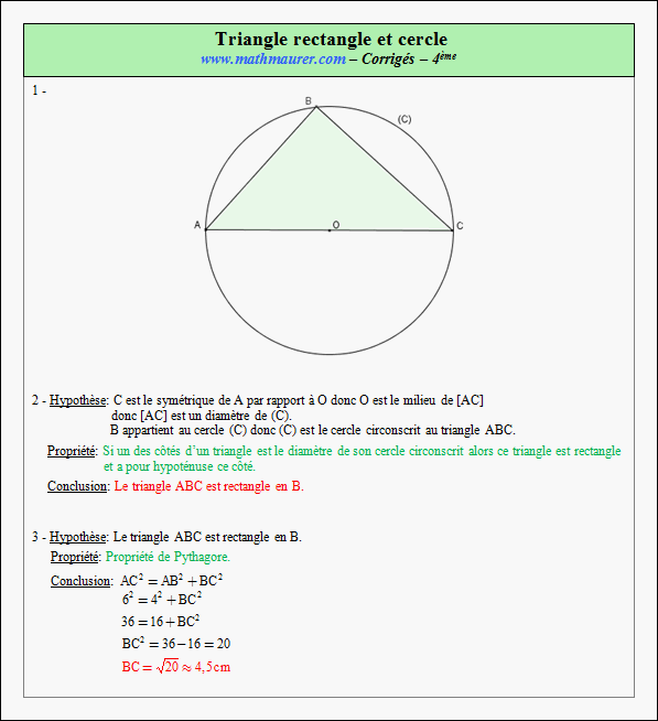 Corrigé exercice 5 sur le triangle rectangle et le cercle
