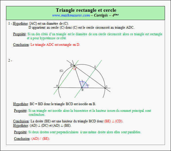 Corrigé exercice 7 sur le triangle rectangle et le cercle