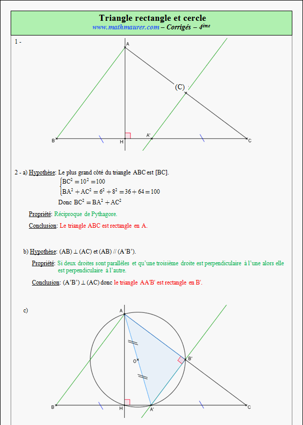 Corrigé exercice 8 sur le triangle rectangle et le cercle