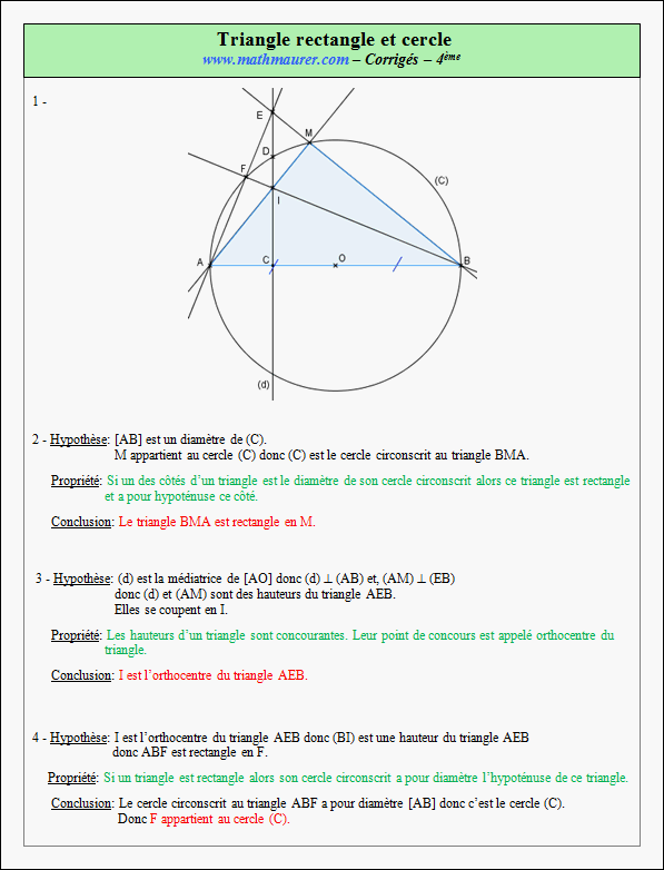Corrigé exercice 9 sur le triangle rectangle et le cercle