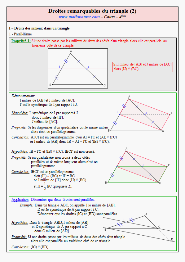 Cours sur les droites remarquables du triangle - quatrième- page 1