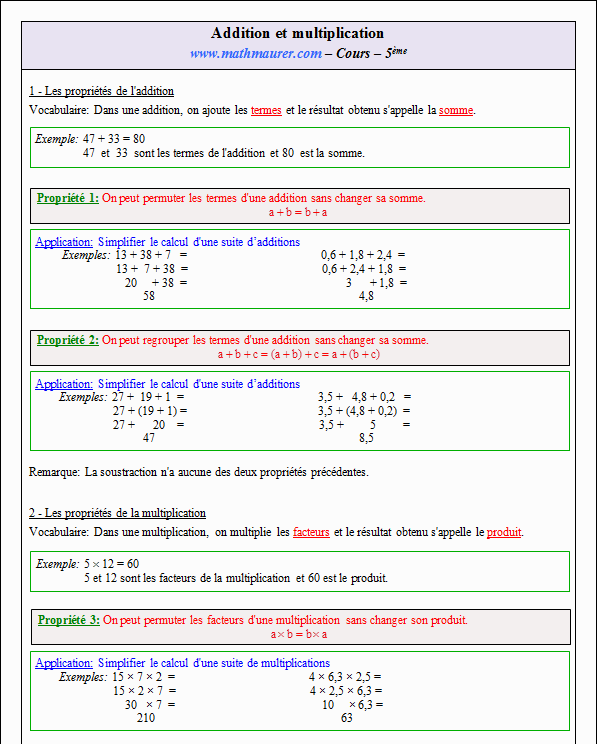 Cours sur les propriétés de l'addition et de la multiplication - cinquième - page 1