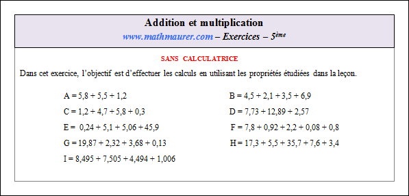 Exercice sur les propriétés de l'addition et de la multiplication