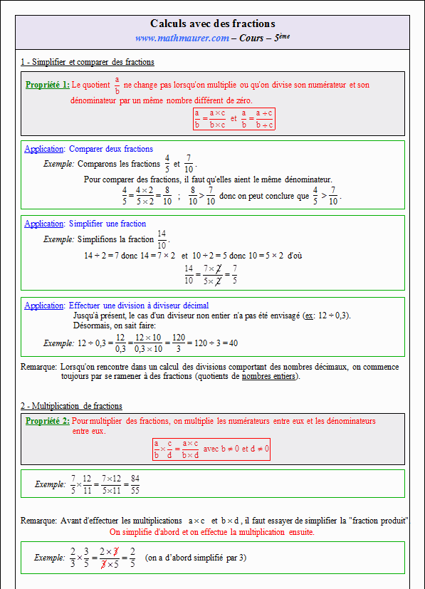 Cours sur les calculs avec des fractions - cinquième - page 1