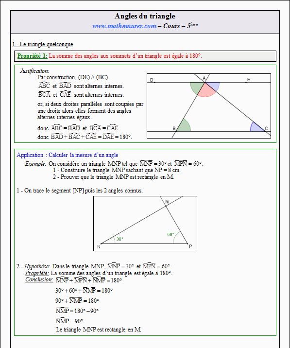 Cours sur les angles du triangle - cinquième - page 1