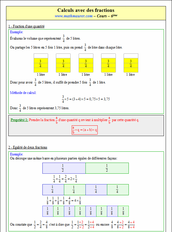 Cours sur les calculs avec des fractions - sixième - page 1
