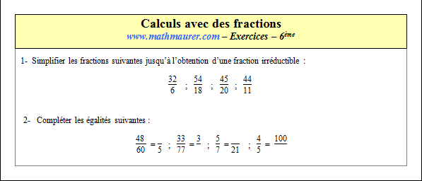 Exercice sur les calculs avec des fractions