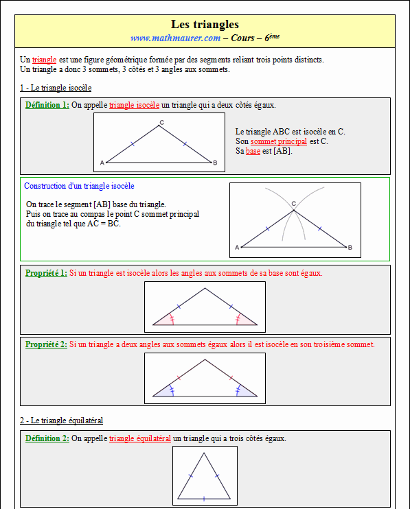 Cours sur les triangles - sixième - page 1