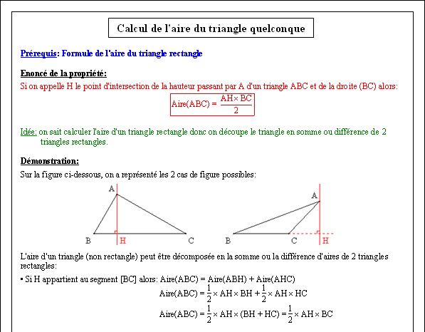 Démonstration de la formule de calcul de l'aire d'un triangle quelconque - page 1
