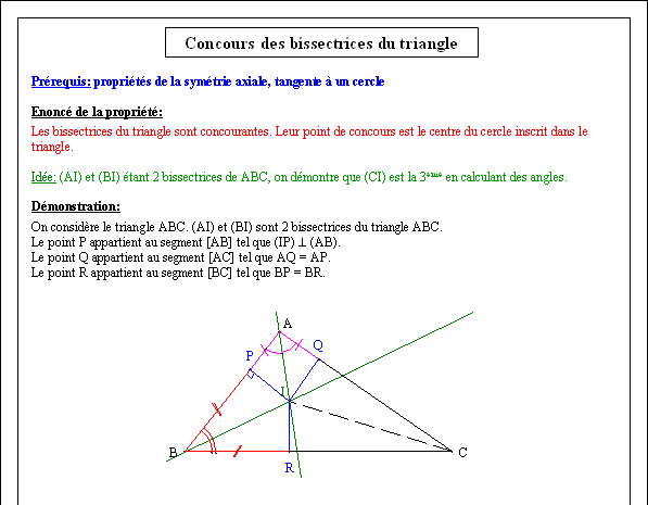 Démonstration de la propriété sur les bissectrices du triangle - page 1