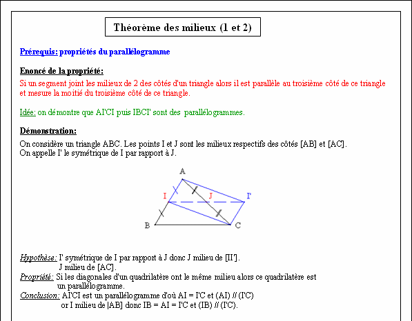 Démonstration de la propriété sur la droite des milieux dans un  triangle - page 1