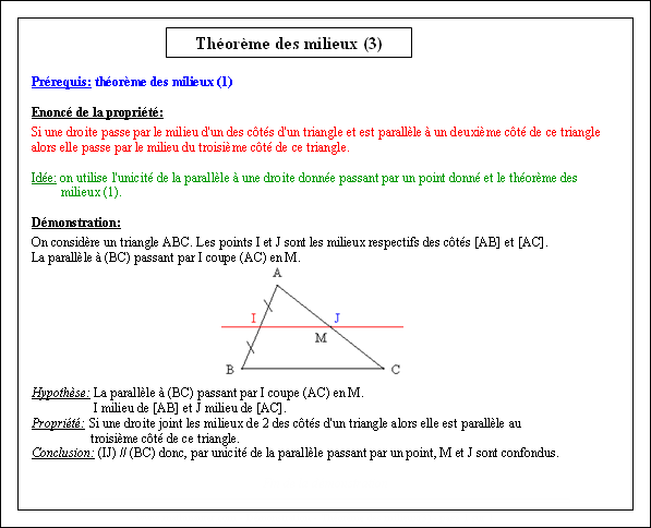 Démonstration de la propriété sur la droite des milieux dans un  triangle - page 1